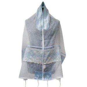 Ronit Gur White Organza Tallit with Floral Lace Pattern & Light Blue  Decoration, Judaica WebStore | Judaica WebStore