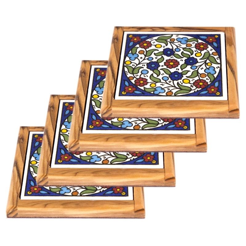 Set of 4 Olive Wood & Armenian Ceramic Coasters - Colorful Flowers